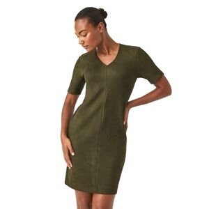 SPANX Faux Suede Column Dress Utility Green Size M Short Sleeve Mini Work‎ Party